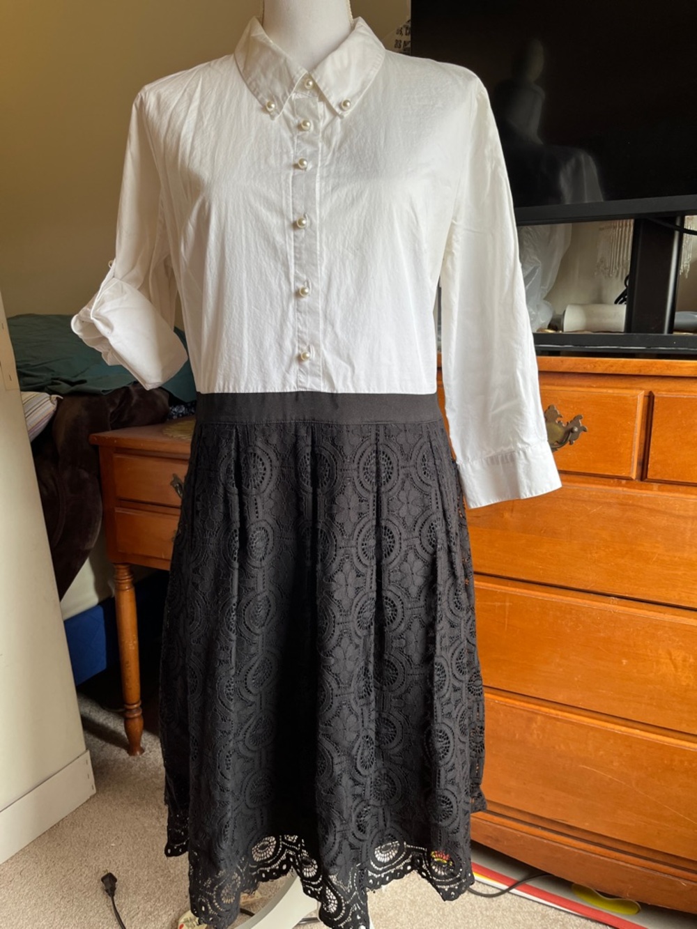 Karl Lagerfeld White and Black Lace A-Line Shirt Dress